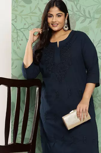 Plus size floral embroidered chikankari indigo pure cotton kurta