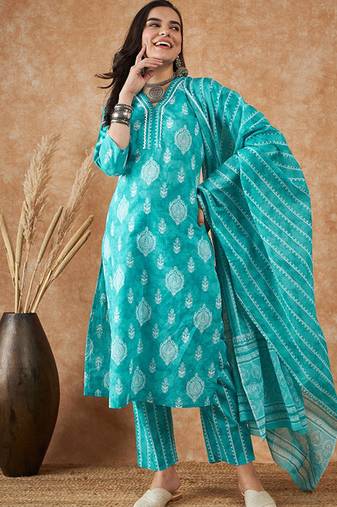Ethnic motifs printed pure cotton kurta with trousers & dupatta