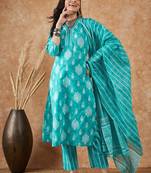 Ethnic motifs printed pure cotton kurta with trousers & dupatta