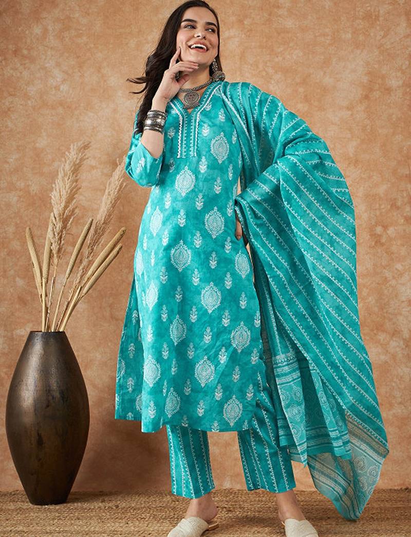 Ethnic motifs printed pure cotton kurta with trousers & dupatta