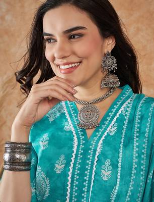 Ethnic motifs printed pure cotton kurta with trousers & dupatta 2