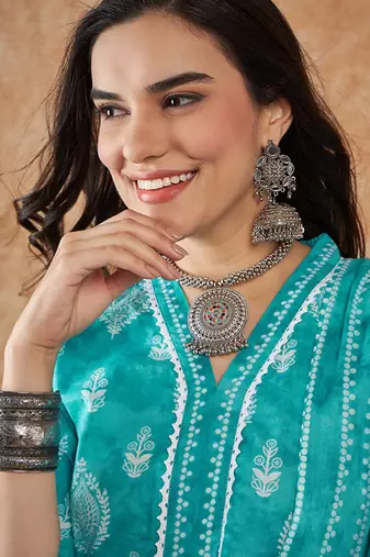 Ethnic motifs printed pure cotton kurta with trousers & dupatta