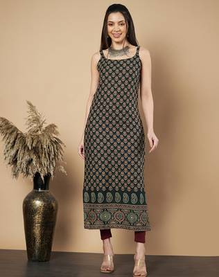 Floral printed shoulder straps boat neck cotton straight kurta 1