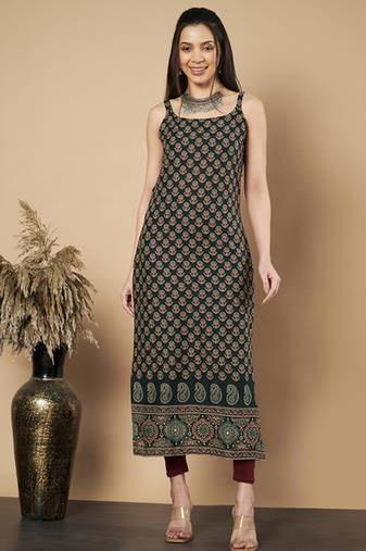 Floral printed shoulder straps boat neck cotton straight kurta