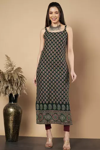 Floral printed shoulder straps boat neck cotton straight kurta