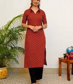 Floral printed shirt collar straight cotton kurta