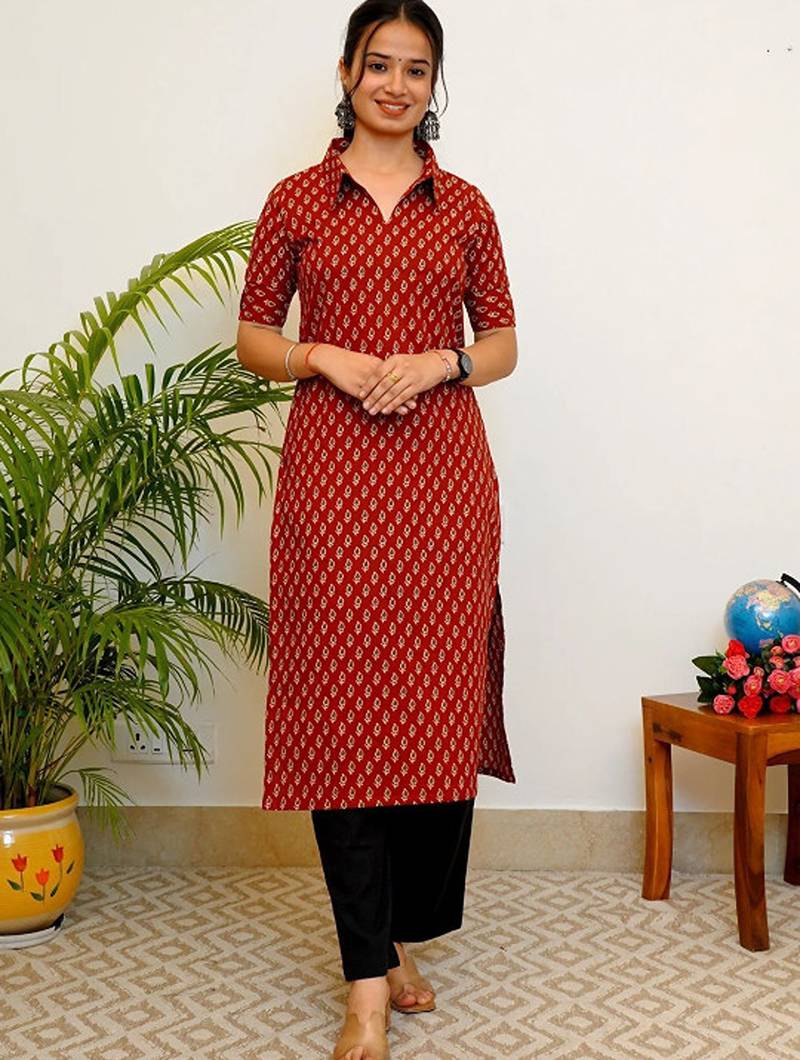Floral printed shirt collar straight cotton kurta