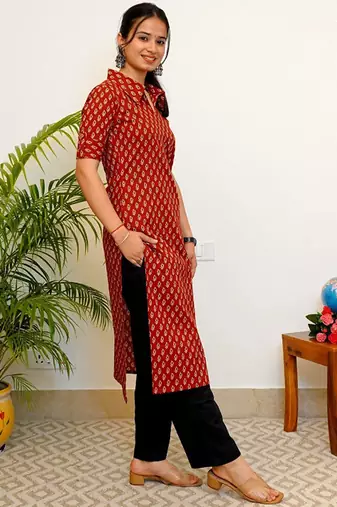 Floral printed shirt collar straight cotton kurta