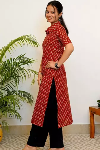 Floral printed shirt collar straight cotton kurta