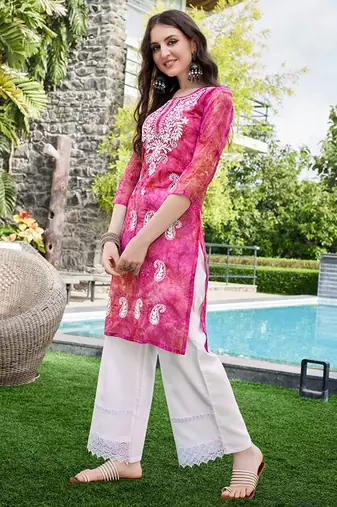 Floral embroidered chikankari georgette straigth kurta