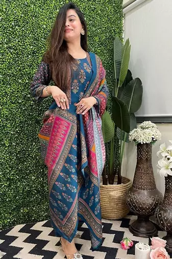 Floral printed round neck straight kurta with trousers & dupatta