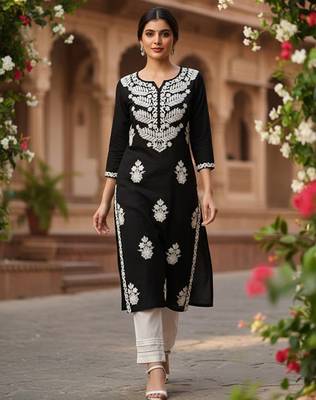 Floral embroidered notch neck chikankari straight kurta 1