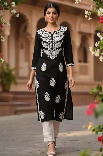 Floral embroidered notch neck chikankari straight kurta