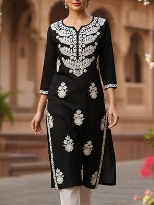 Floral embroidered notch neck chikankari straight kurta 2