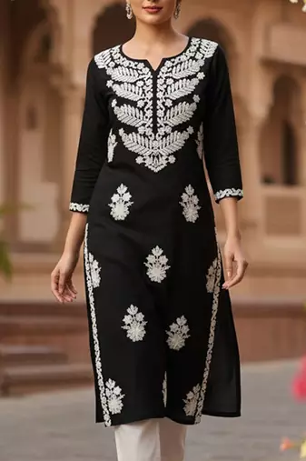 Floral embroidered notch neck chikankari straight kurta