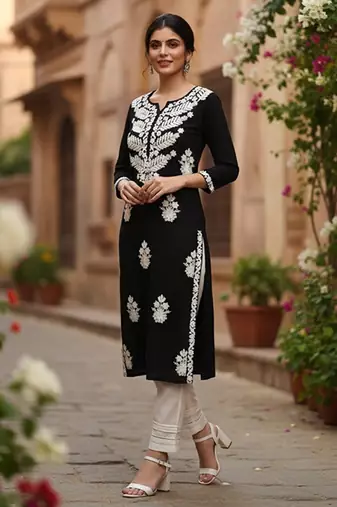 Floral embroidered notch neck chikankari straight kurta