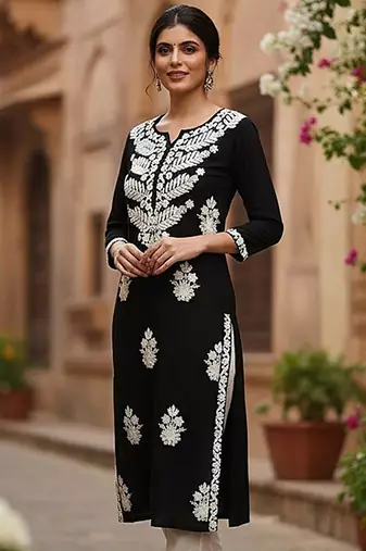 Floral embroidered notch neck chikankari straight kurta