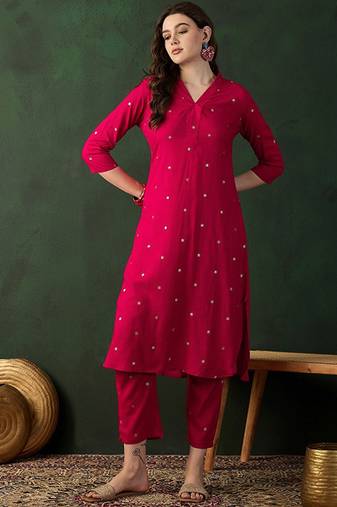 Pink floral printed v-neck straight kurta with trousers