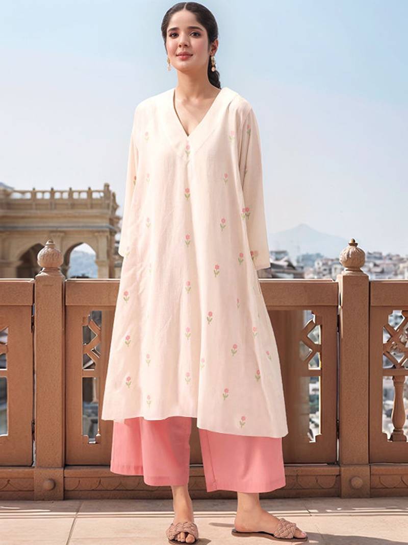 Floral printed v-neck three-quarter sleeves a-line kurta with palazzos