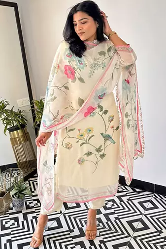 Floral printed thread work kurta with trouser & dupatta