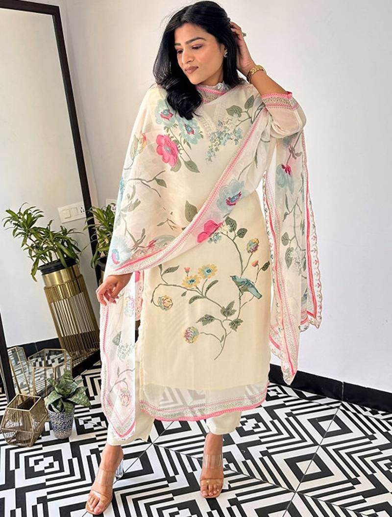 Floral printed thread work kurta with trouser & dupatta