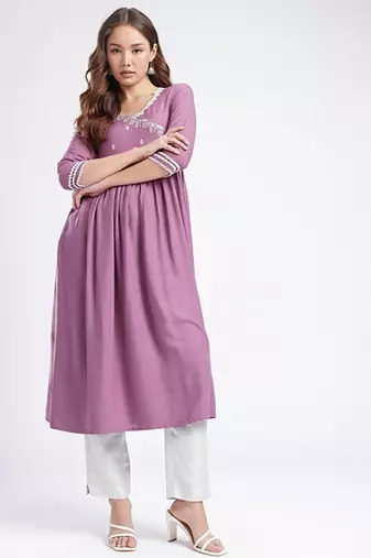 Embroidered gathered a-line kurta