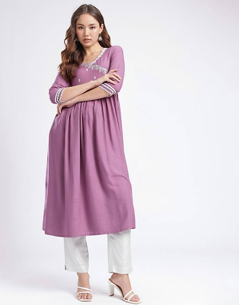 Embroidered gathered a-line kurta