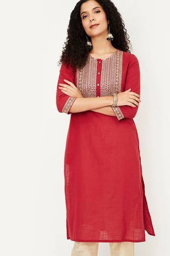 Geometric yoke design thread work cotton straight kurta