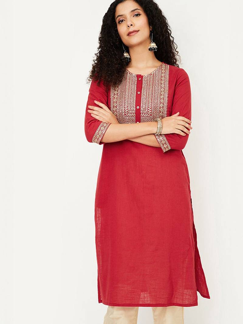 Geometric yoke design thread work cotton straight kurta