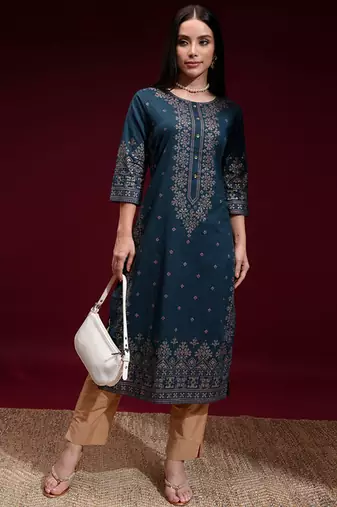 Navy blue printed a-line kurta