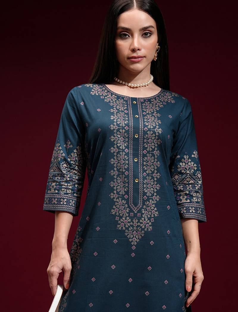 Navy blue printed a-line kurta