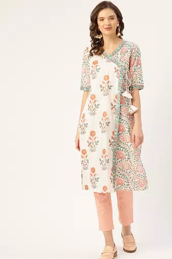 White & peach-coloured ethnic motifs printed pure cotton kurta