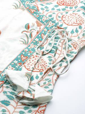 White & peach-coloured ethnic motifs printed pure cotton kurta 2