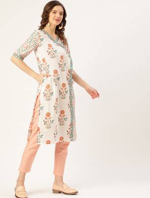 White & peach-coloured ethnic motifs printed pure cotton kurta 3