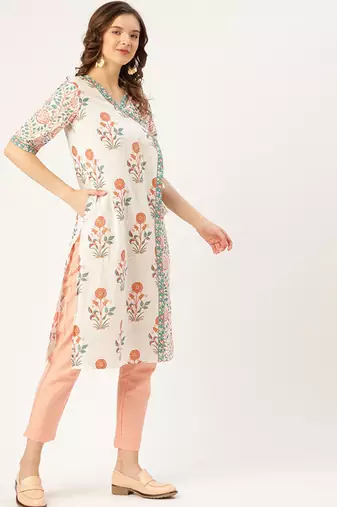 White & peach-coloured ethnic motifs printed pure cotton kurta