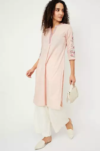 Floral embroidered mandarin collar thread work straight cotton kurta