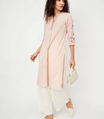 Floral embroidered mandarin collar thread work straight cotton kurta