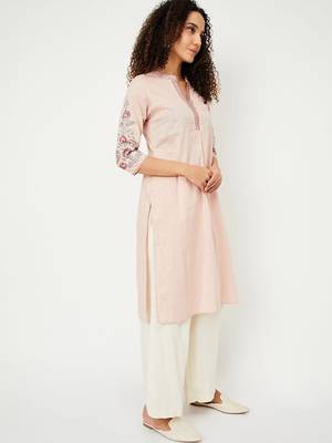 Floral embroidered mandarin collar thread work straight cotton kurta 3