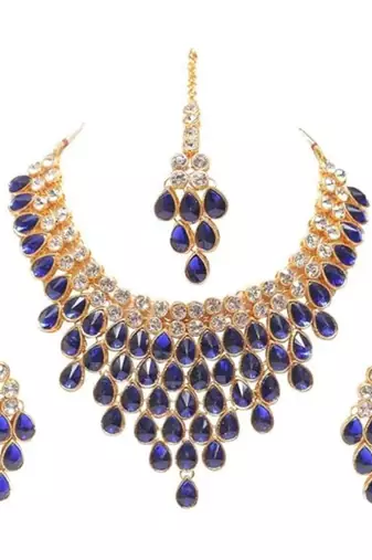 royal blue metal necklace set with gold plated design