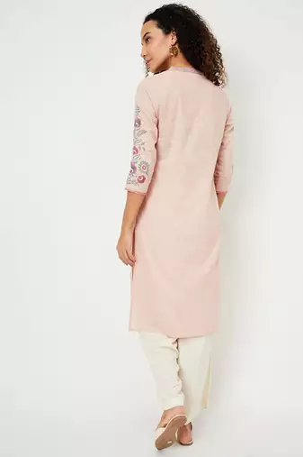 Floral embroidered mandarin collar thread work straight cotton kurta