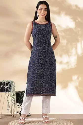 Navy blue geometric printed boat neck straight kurta