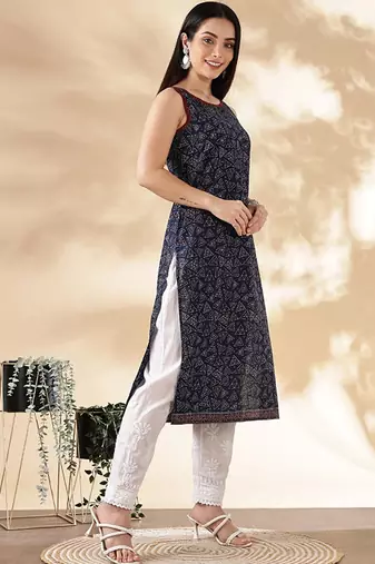 Navy blue geometric printed boat neck straight kurta