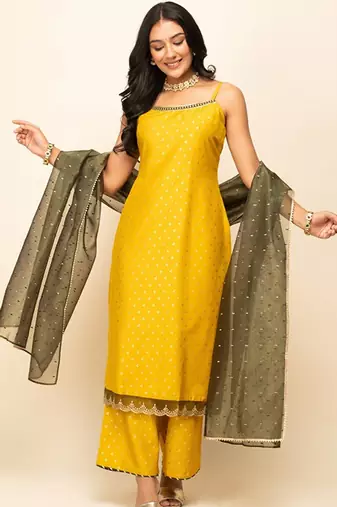 Ethnic motifs printed shoulder straps zari straight kurta with palazzos & dupatta