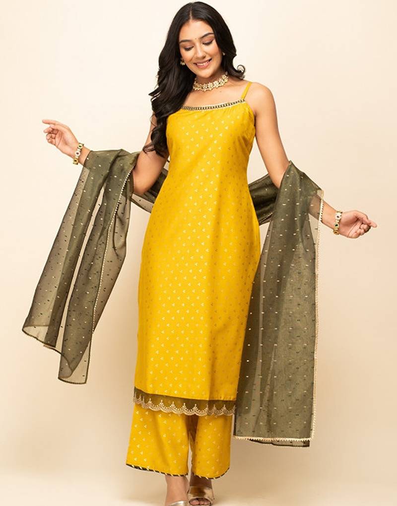 Ethnic motifs printed shoulder straps zari straight kurta with palazzos & dupatta
