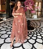 Floral embroidered thread work v-neck straight kurta with trousers & dupatta
