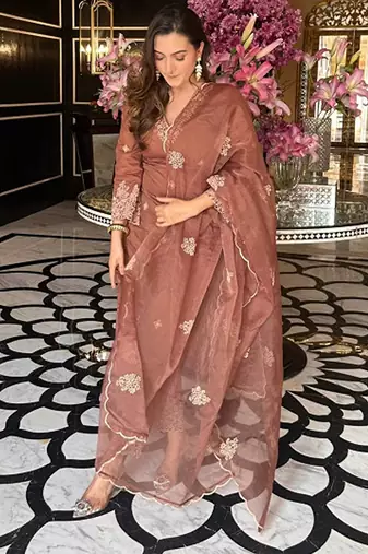 Floral embroidered thread work v-neck straight kurta with trousers & dupatta