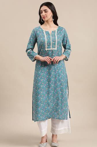 Blue jaipuri floral print pure cotton lace detailed kurta