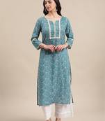 Blue jaipuri floral print pure cotton lace detailed kurta