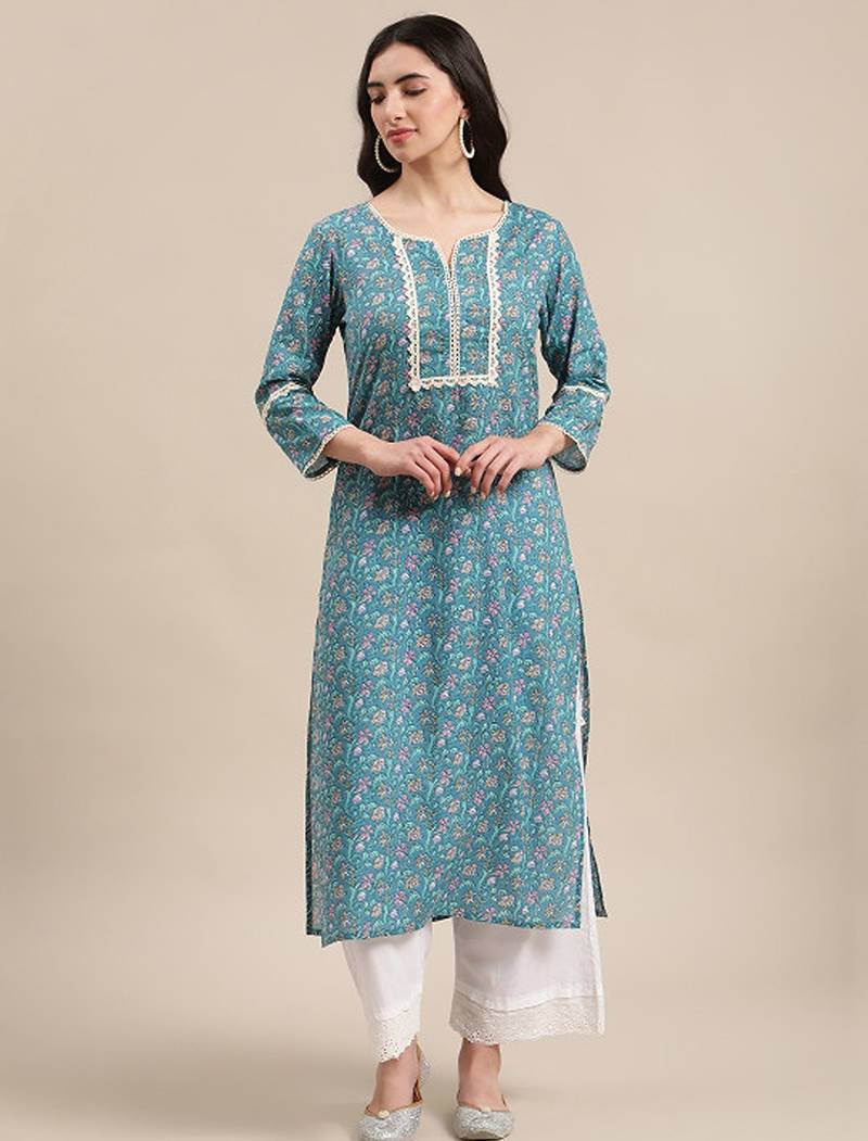 Blue jaipuri floral print pure cotton lace detailed kurta