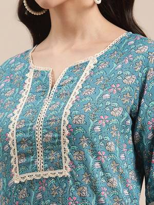 Blue jaipuri floral print pure cotton lace detailed kurta 2